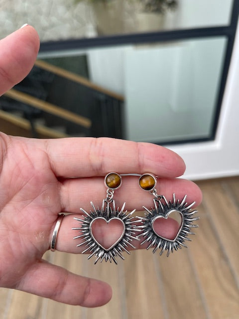 Frida Kahlo inspired earrings -  Sacred Heart with Tiger's eye studs