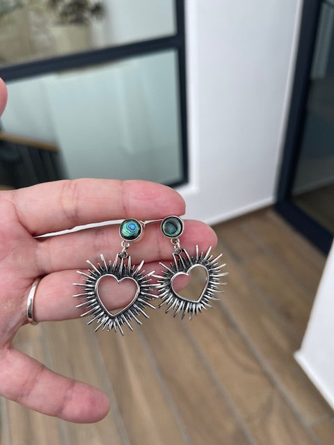 Frida Kahlo inspired earrings -  Sacred Heart with Abalone shell studs