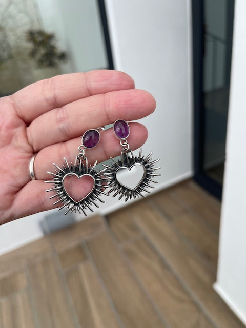 Frida Kahlo inspired earrings -  Sacred Heart with Amethyst studs