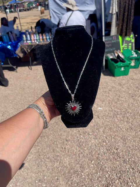 Frida Kahlo Inspired Necklace - Sagrado Corazón with Red and Black Obsidian