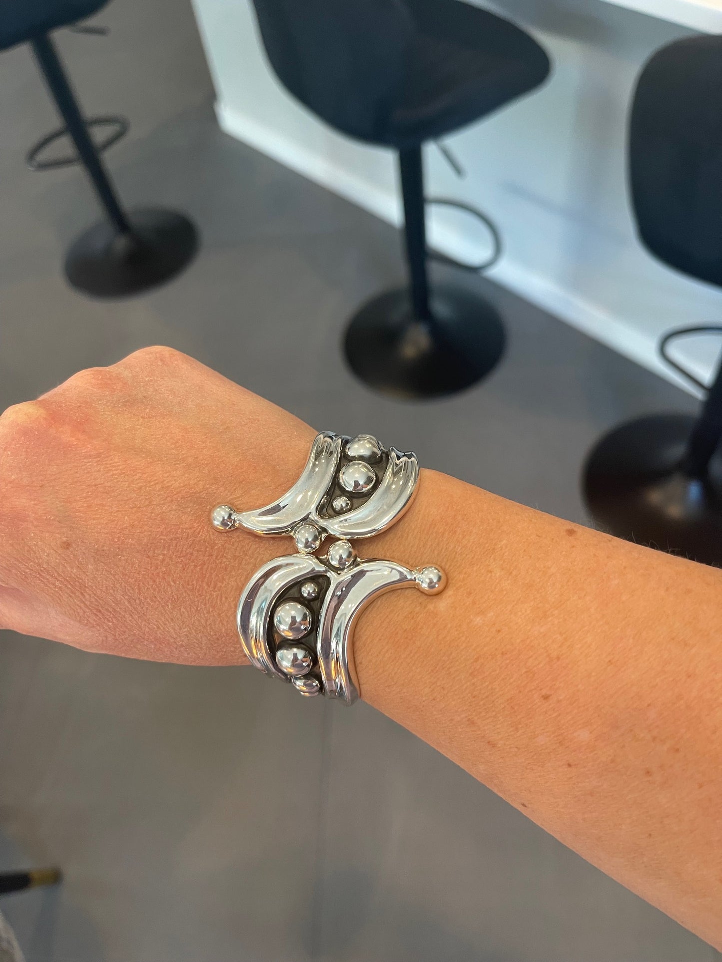 Sterling Silver Cuff Bracelet – Bold Bead Sculptural Design